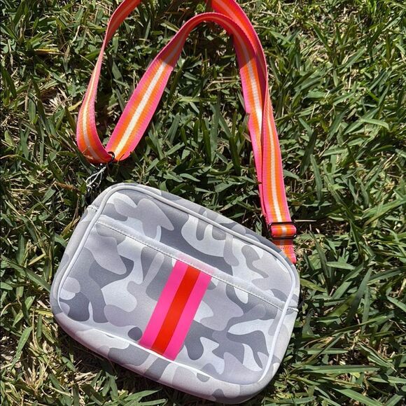 Gray Camouflage Crossbody Bag with Pink and Red Stripes - Picture 1 of 3